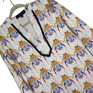 Katie Kime Scarab Beetle Tunic Mini Dress Women M White Navy Grosgrain Trim